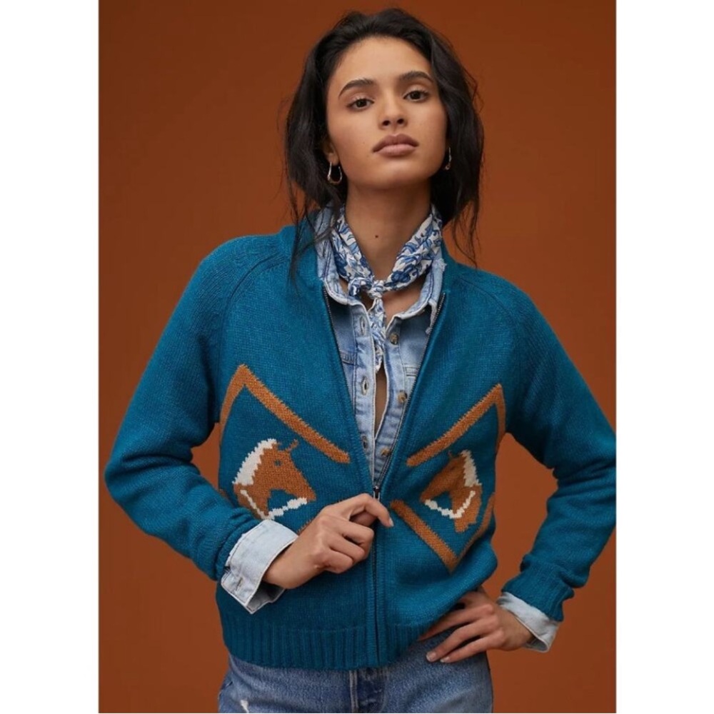 Anthropologie Tiny Equestrian Cardigan with Horse Design Teal, Zipper